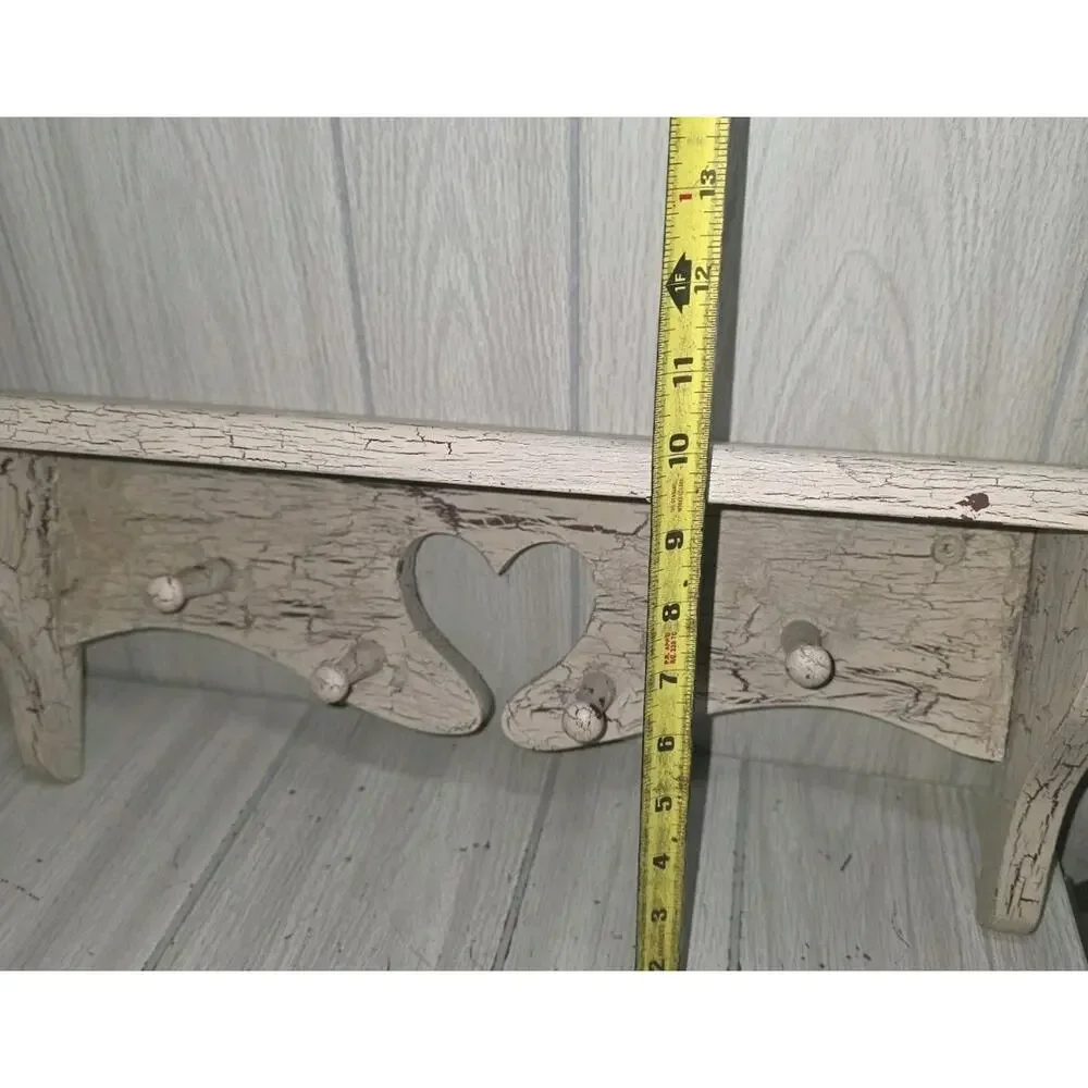 Vintage Heart Cut Out Wooden Wall Shelf White Washed Shabby Chic Pegs Heritage